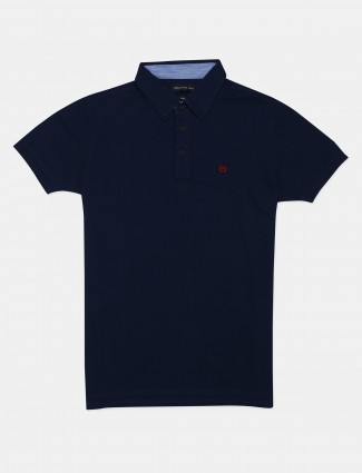Dragon Hill solid navy cotton slim fit mens polo t-shirt