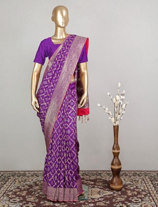 Eggplant purple designer wedding bandhej silk saree