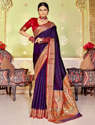 Eggplant purple fantastic wedding events saree in banarasi silk