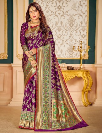 Elegant dark purple charming banarasi silk wedding saree