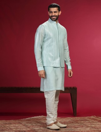 Elegant sky blue silk waistcoat set