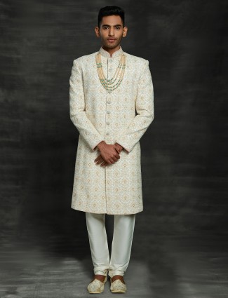 Elegent off white silk sherwani