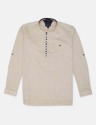 EQIQ beige color solid kurta style shirt in cotton
