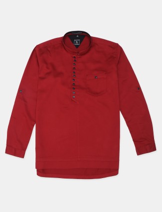 EQIQ solid red casual wear cotton kurta style shirt