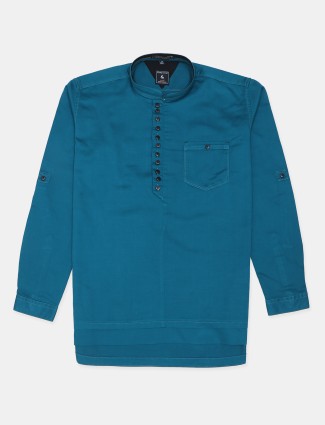 EQIQ Teal blue color solid casual kurta style cotton shirt