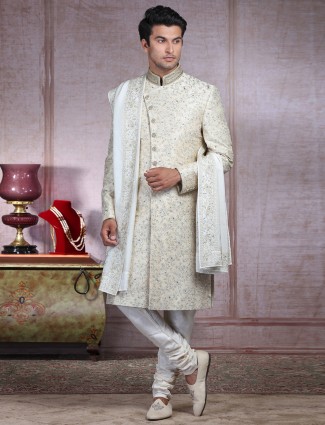 Exclusive cream silk sherwani for wedding