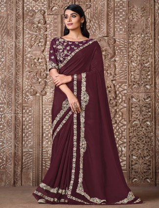 Exclusive wine purple georgette saree with zari work for party look