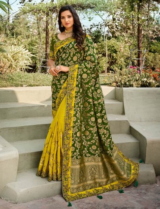 Exclusive yellow and olive half n half wedding wear sari