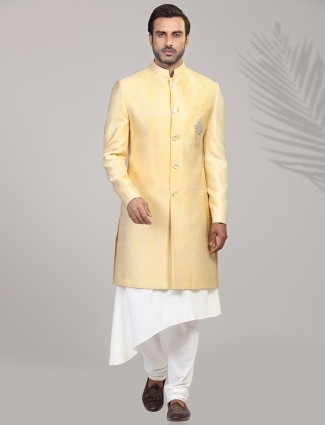 Exclusive yellow jacquard silk sherwani