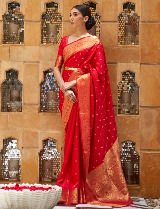 Exclusive trendy wear red saree for party with zari work