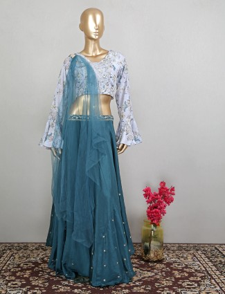 Extraordinary stone blue indo-western georgette palazzo suit