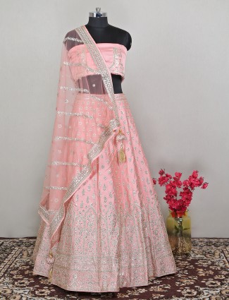 Extravagant baby pink raw silk bridal unstitched lehenga choli