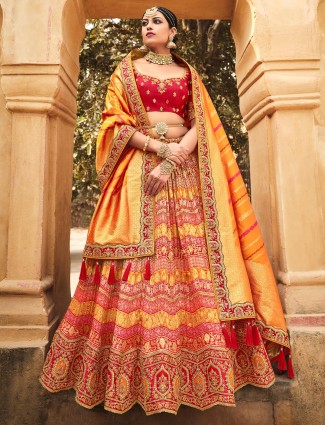 Fabulous red and yellow banarasi silk wedding unstitched lehenga choli