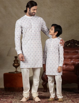 Father and son full sleeves kurta suit in off white