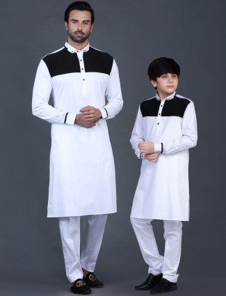 Father and son white solid cotton pathani suit