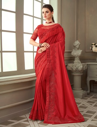 Festive and party ceremonies raw silk saree in red