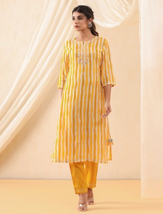 Festive events pine yellow cotton pant set in stripe style