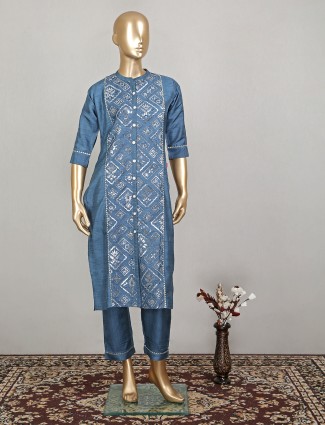 Festive events stone blue raw silk pant set in punjabi style