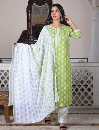 Festive functions punjabi style printed pista green cotton pant set
