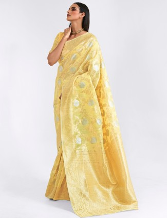Festive occasions cotton linen saree in yellow