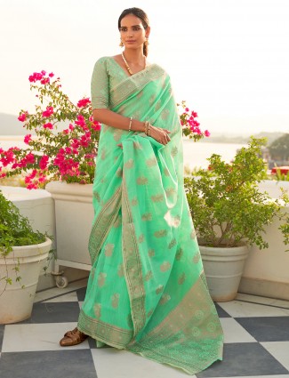 Festive occasions linen zari weaving saree in pistachio green