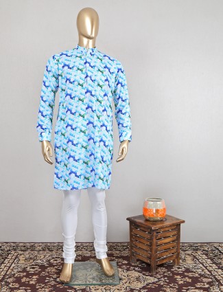 Festive wear aqua printed kurta suit for mens