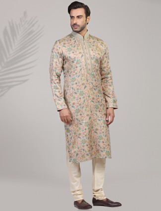 Festive wear printed peach silk kurta suit