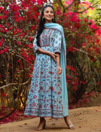 Festive wear sky blue anarkali style cotton kurti