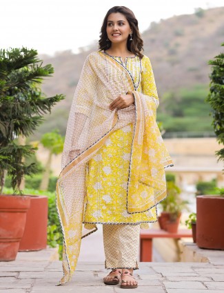 Festive wear yellow cotton kurti set with gota details