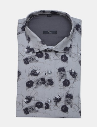 Fete slim fit grey printed formal cotton shirt