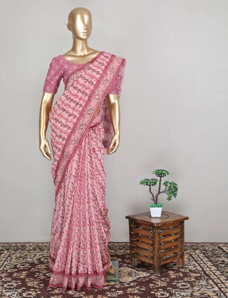 Flamingo pink alluring wedding look saree in cotton silk