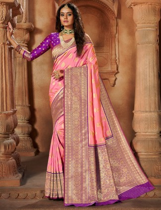 Flamingo pink saree for wedding occasions in banarasi silk