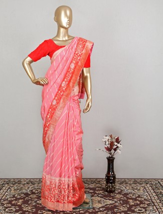 Flamingo pink zari weave wedding look dola silk saree