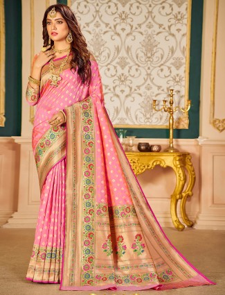 Flamingo pink zari weave wedding look trendy banarasi silk saree