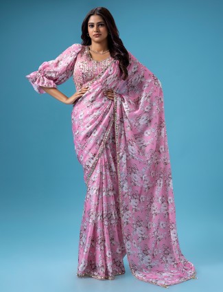 Floral printed pink mashru silk saree