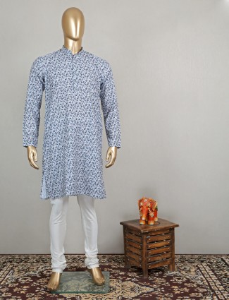 Floral printed sky blue kurta pajama in cotton
