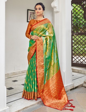 Forest green amazing tissue silk saree for wedding occasions