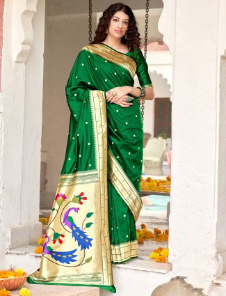 Forest green wedding events banarasi silk saree for women