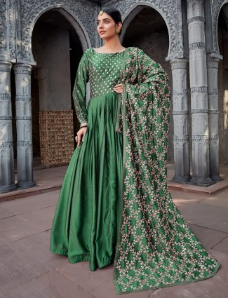 Gallant dark green georgette floor-length gown