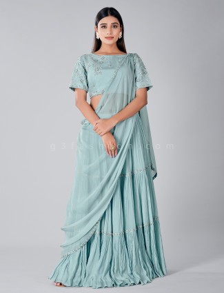 Georgette baby blue ready to wear saree with ready made blouse