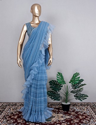 Georgette blue saree for festive wear with ready made blouse