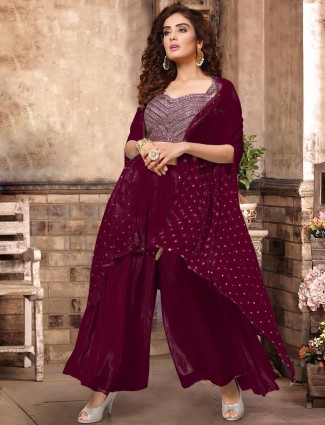 Georgette party jacket style palazzo suit in wine purple