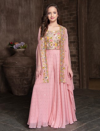 Georgette pink jacket style palazzo suit