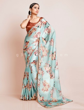Georgette printed sea green saree with ready made blouse