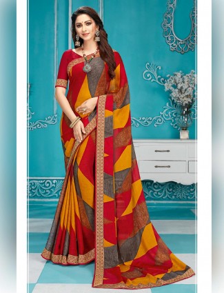 georgette red printed saree for festive