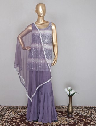 Georgette wedding punjabi style sharara suit in mauve purple