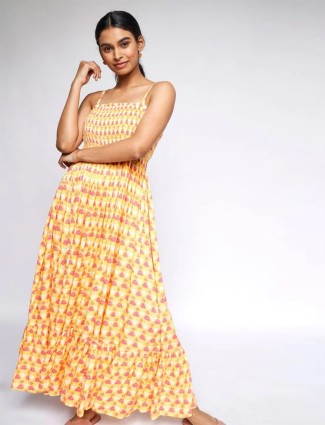 Global Desi honey yellow cotton dress for casual wear
