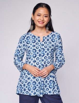 Global Desi printed cotton casual top in blue