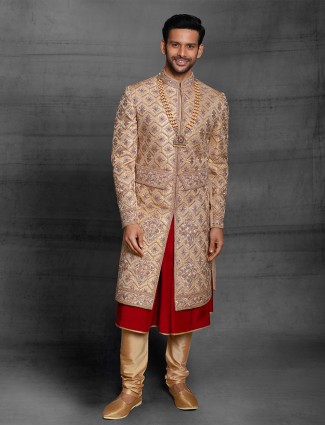 Golden color sherwani in silk fabric for mens