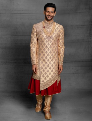 Golden hue dual layer sherwani in silk fabric for mens